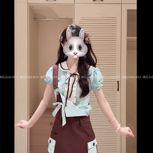 衬衫 甜美BM少女感撞色娃娃领短袖 女叠穿格纹拼接单肩背带裙两件套