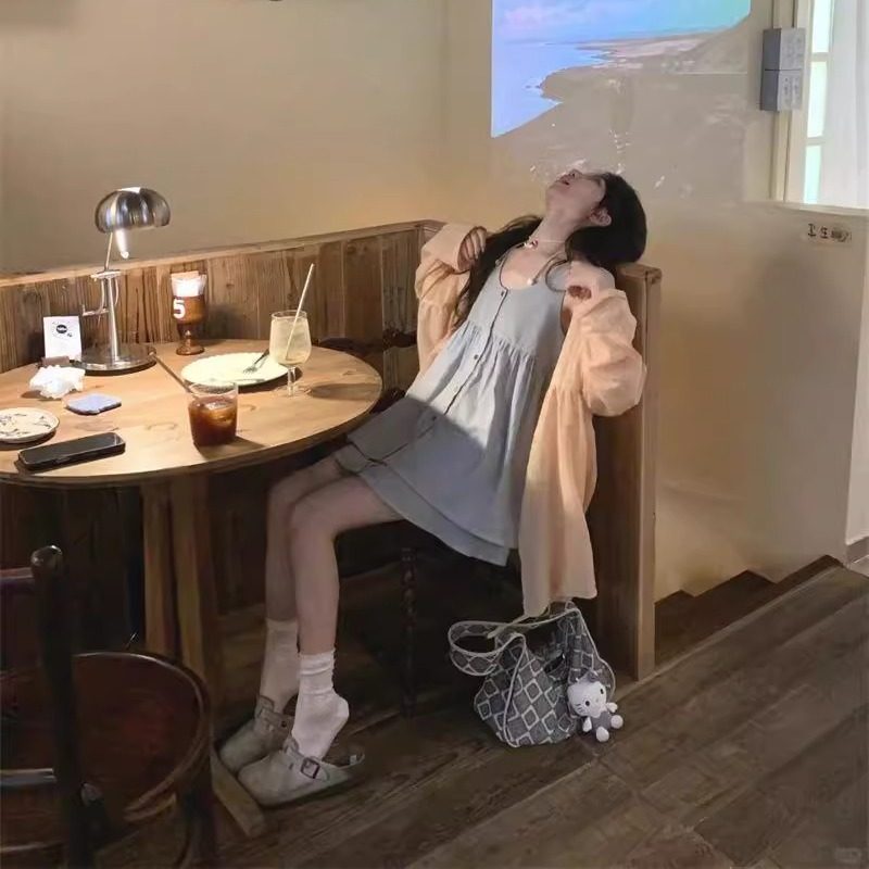 韩系chic甜美BM风宽松无袖背心上衣半身裙裤薄款长袖防晒开衫套装
