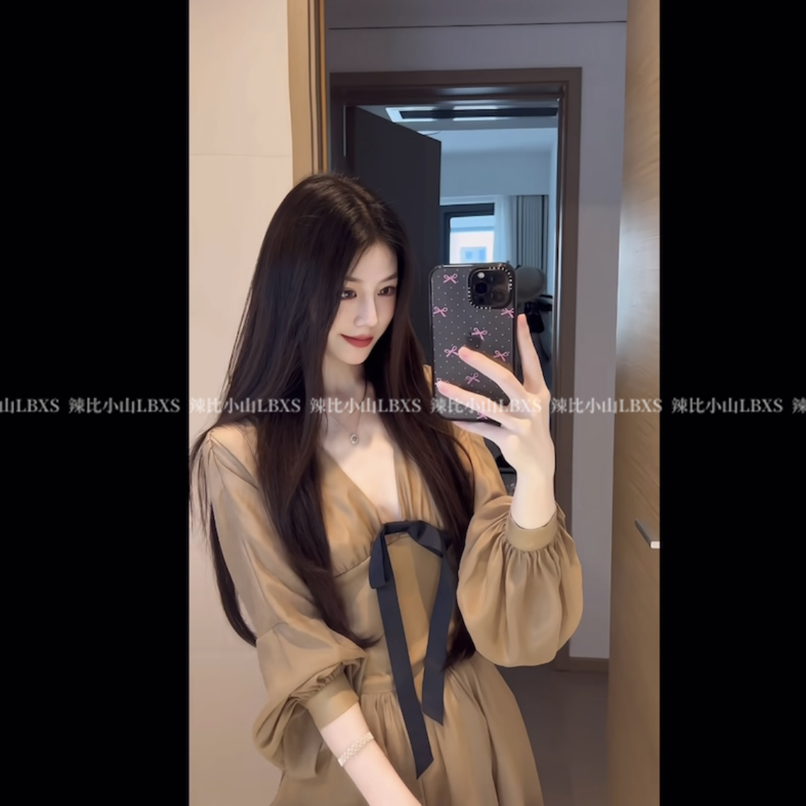 法式名媛风蝴蝶结V领长袖雪纺连衣裙女夏季收腰显瘦气质A字短裙子