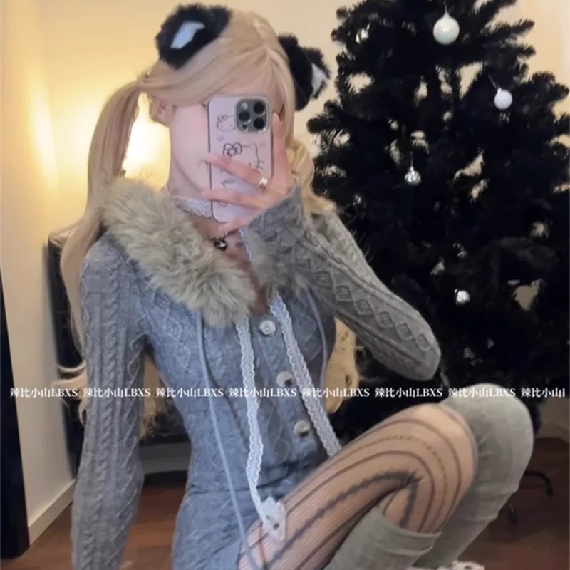 美式纯欲辣妹风毛领连帽麻花针织连体裤女2025冬季修身直筒短裤子