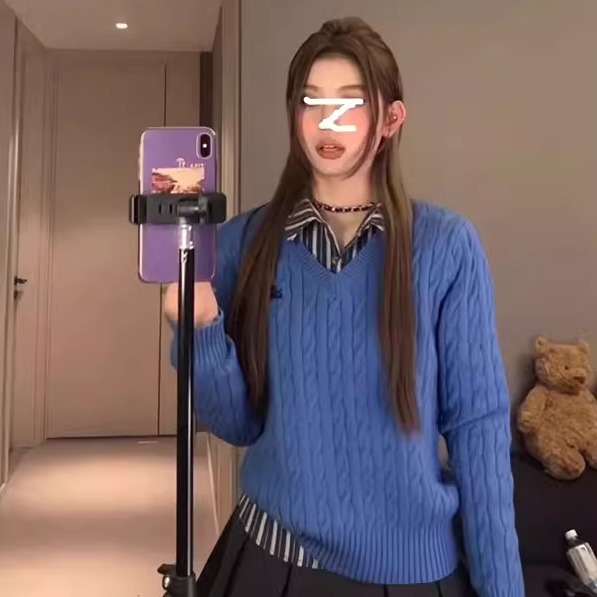 韩系复古学院风高级感ins麻花毛衣针织衫叠穿条纹衬衫A字短裙套装