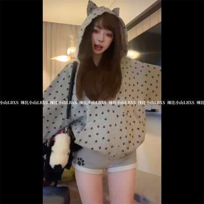 美式复古猫爪印花设计感小耳朵连帽宽松休闲拉链卫衣外套短裤套装