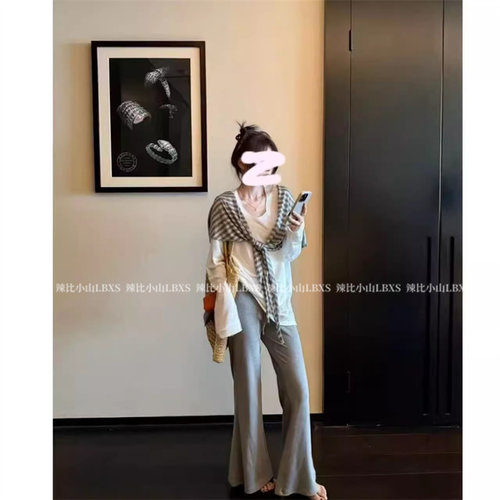 韩系松弛慵懒风长袖T恤女叠穿条纹披肩女高腰垂感微喇长裤三件套