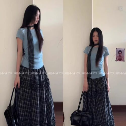 复古慵懒感褶皱圆领短袖修身T恤女夏季高腰格子A字半身长裙两件套