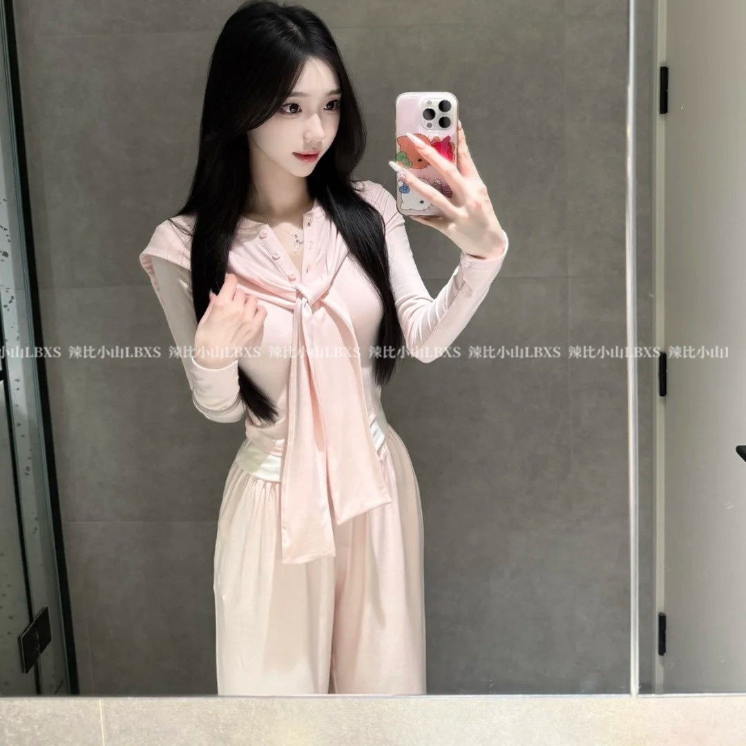休闲套装粉色长袖针织衫披肩上衣女春季穿搭高腰阔腿裤长裤三件套