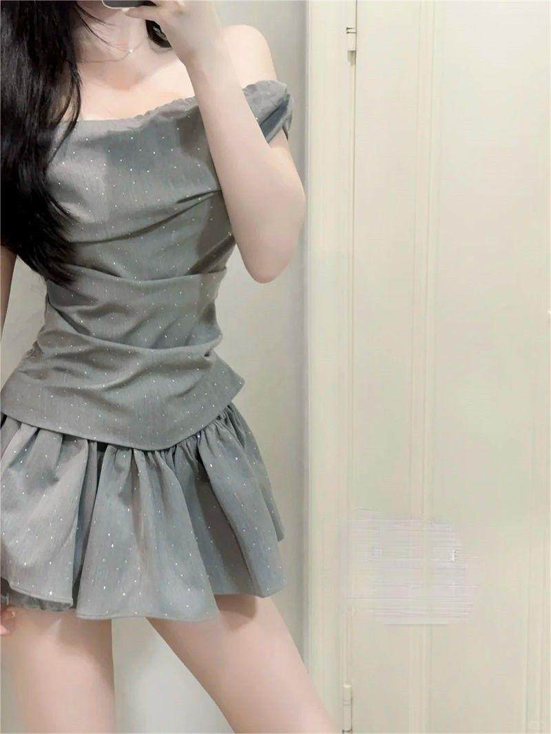 美式纯欲风设计感烫钻褶皱一字肩上衣夏季高腰显瘦花苞裙裤两件套,女装/女士精品,职业女裙套装,淘宝优惠券,粉丝福利购,淘宝优惠卷
