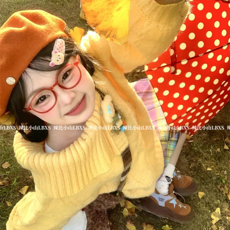 多巴胺少女感彩色穿搭翻领长袖麻花毛衣冬季高腰格纹半身裙两件套