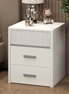 床头柜白色浅灰色浅卡其实木生态板材烤漆床边柜配套床头柜三抽屉