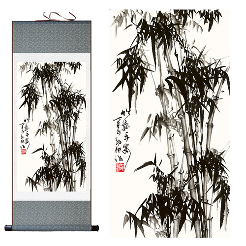 高清竖幅水墨竹子卷轴画竹报平安丝绸画玄关壁画书房挂画国画装裱