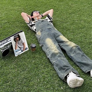 美式 复古阔腿连体裤 街头做旧牛仔背带裤 新款 男女2024夏季 LIQUID