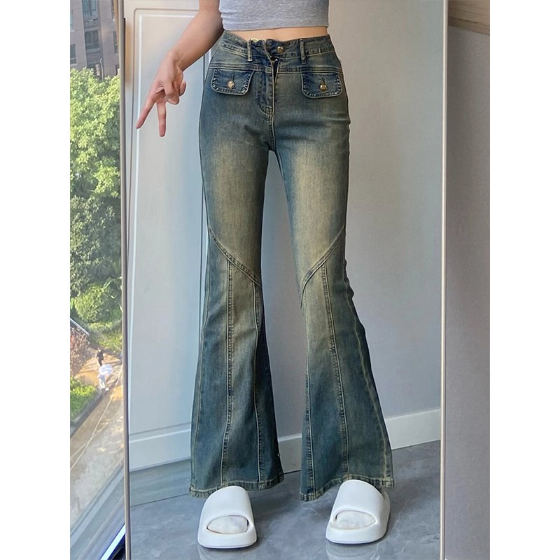 胖mm微喇牛仔裤女2024新款大码女装复古长裤宽松显瘦高腰阔腿裤子