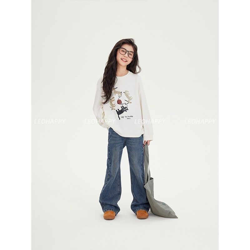 LEOHAPPY女童牛仔裤春秋款2024新款儿童休闲裤直筒裤大童裤子高腰