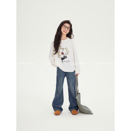 LEOHAPPY女童牛仔裤春秋款2024新款儿童休闲裤直筒裤大童裤子高腰