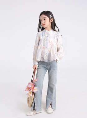 53744女童春装洋气衬衫2025新款碎花公主长袖上衣女宝宝童装衣服