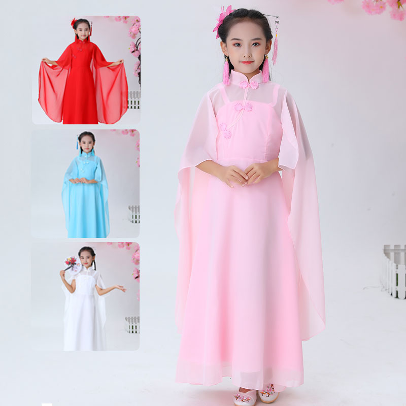 儿童古筝演出服女中大童古装汉服中国风钢琴二胡合唱团表演服长裙