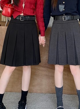 大码高腰灰色毛呢百褶裙女秋冬防走光a字中裙学院风显瘦半身裙厚