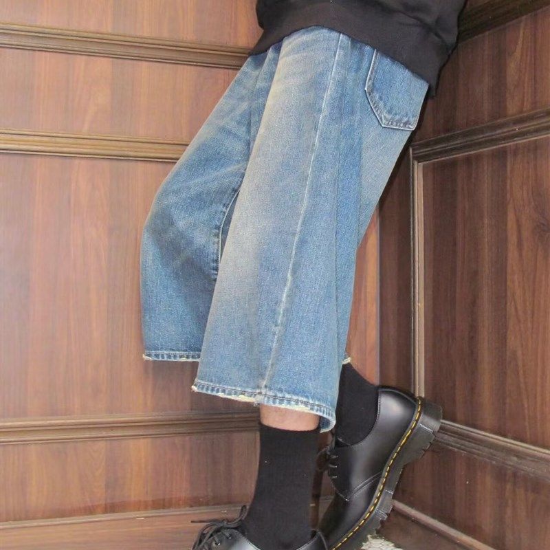 牛仔短裤宽松大阔腿裤子男款直筒美式七分裤夏季薄款水洗做旧百搭
