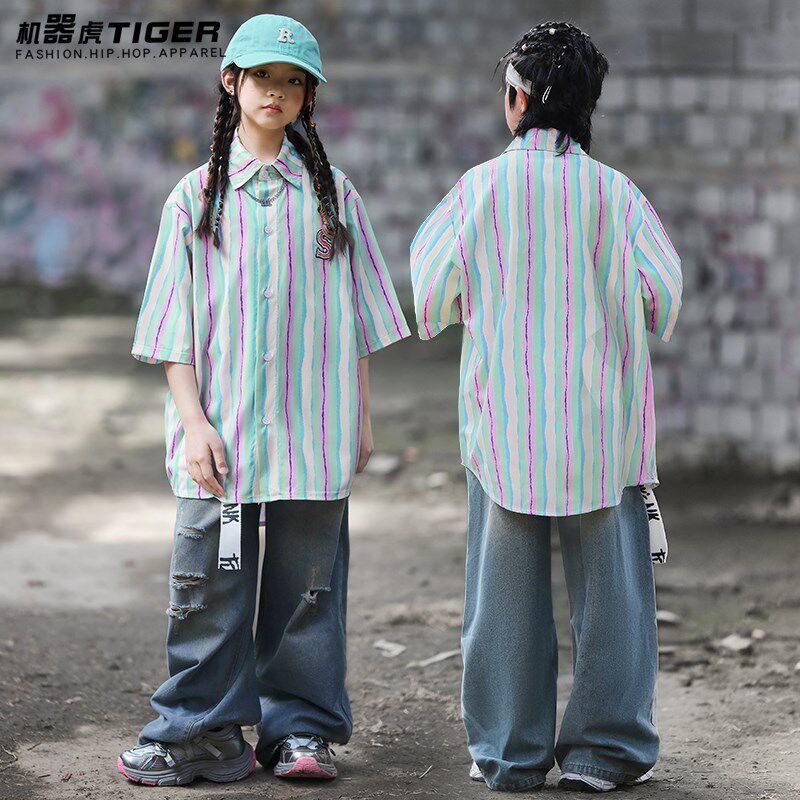 儿童街舞服套装男童工装衬衫架子鼓演出服夏季女童走秀嘻哈爵士舞