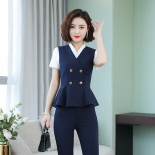 外套女工作 气质叠穿马夹西装 条纹马甲女OL职业装 双排扣英伦风修身