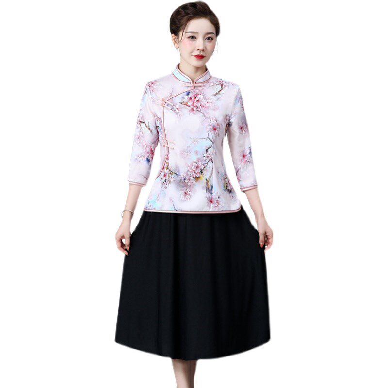 春夏季改良旗袍套装女上衣日常修身复古中国风中年妈妈唐装两件套