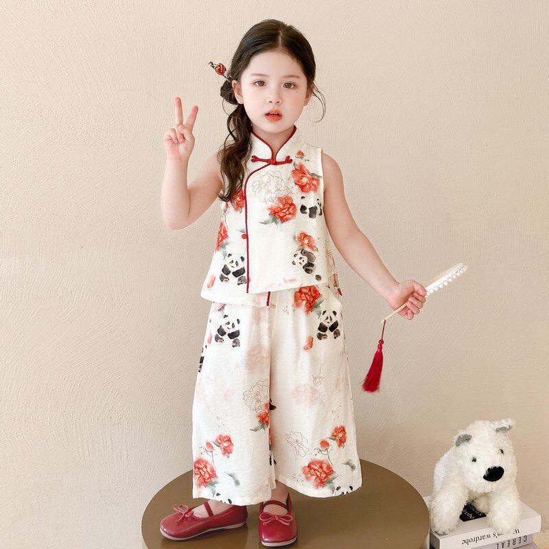 女童国风无袖汉服套装夏季儿童新中式盘扣古风薄款宝宝唐装演出服