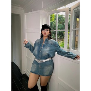 楠哥微胖复古美式 收腰显瘦胖mm辣妹裙子 牛仔连衣裙女秋冬新款 大码