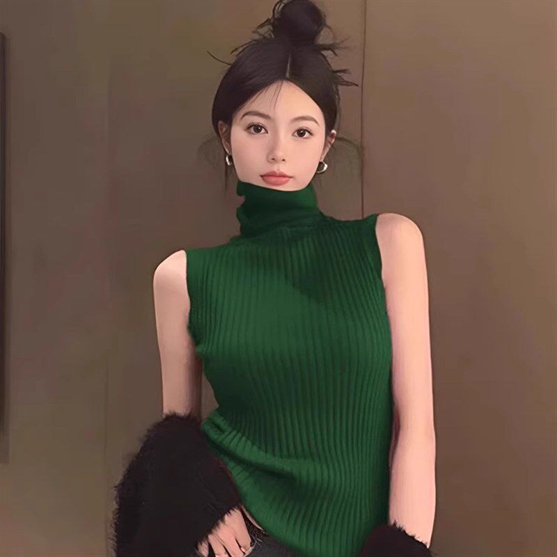 秋季红色高领针织背心女时尚内搭堆堆领无袖打底衫修身显瘦上衣女