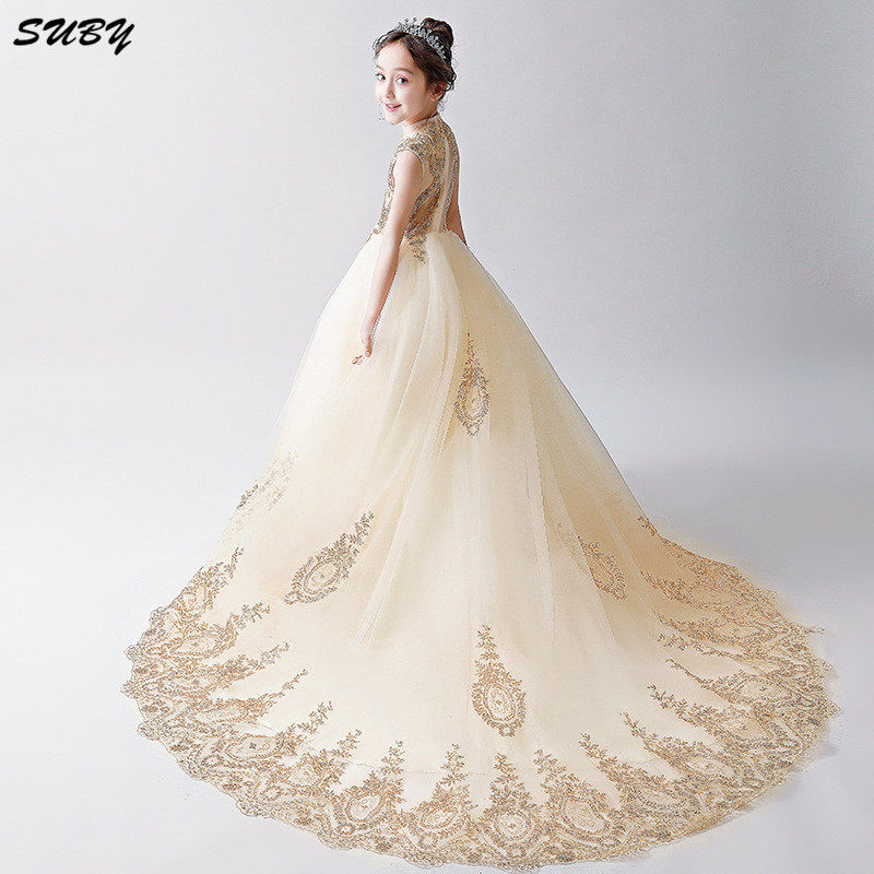 儿童花童晚礼服拖尾钢琴演出服金色主持模特走秀蓬蓬女童公主裙纱