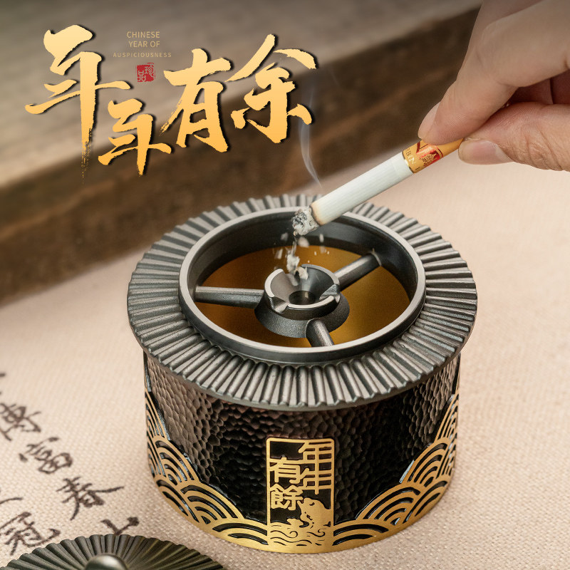 家用铜菸灰缸带盖子防飞灰办公室桌面高档菸缸客厅创意铜摆饰伴手