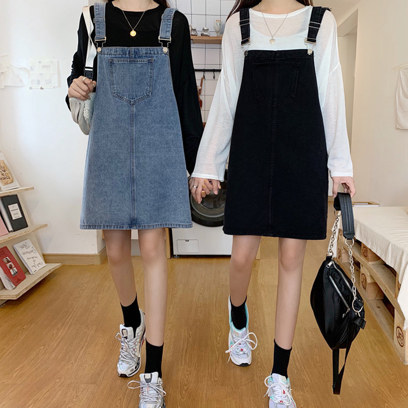 盐系牛仔背带裙女2021年新款胖妹妹mm大码宽松短裙收腰显瘦连衣裙