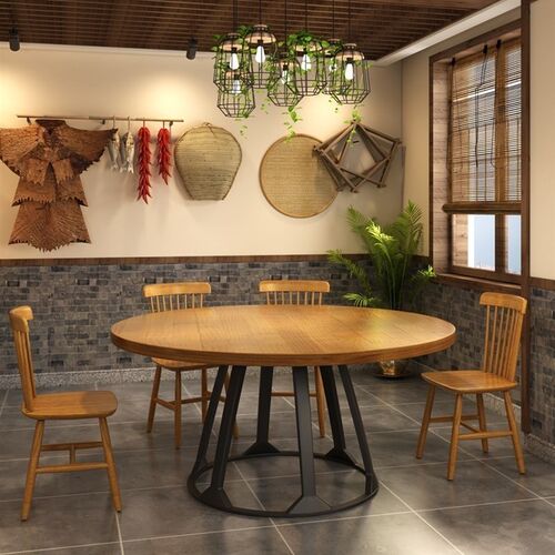 铁艺美式圆形大餐桌餐饮烧烤店酒吧实木桌椅食堂饭店饭桌组合