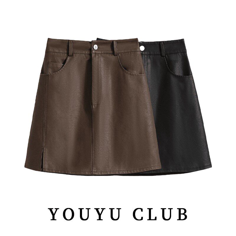 胖mm小皮裙春季半身裙女2025新款咖啡色短裙高腰遮跨A字包臀大码