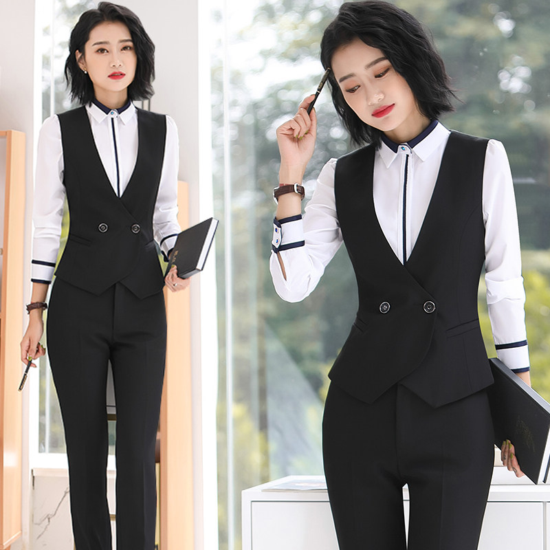 秋冬黑色短款西装马甲女士职业装套装三件套西服女马夹背心两件套