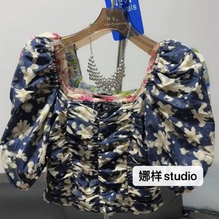 高腰短款 衬衫 女复古水墨花色方领泡泡袖 上衣 修身 设计师款 夏季 法式