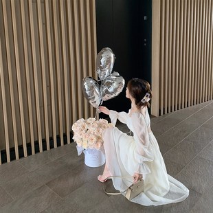 高级设计感小白裙 ByYou 温柔风法式 方领白色泡泡袖 连衣裙收腰长款