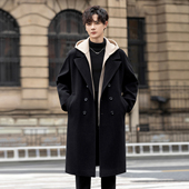 高档假两件毛呢大衣男轻奢呢子外套秋冬款 双排扣呢料风衣过膝披风