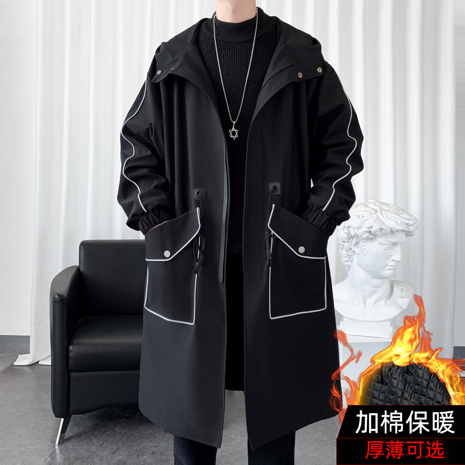 中长款秋加棉风衣男士大口袋披风