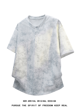 渐变灰系宽松亨利领T恤男士宽松短袖体恤半袖潮流男装扎染上衣潮T