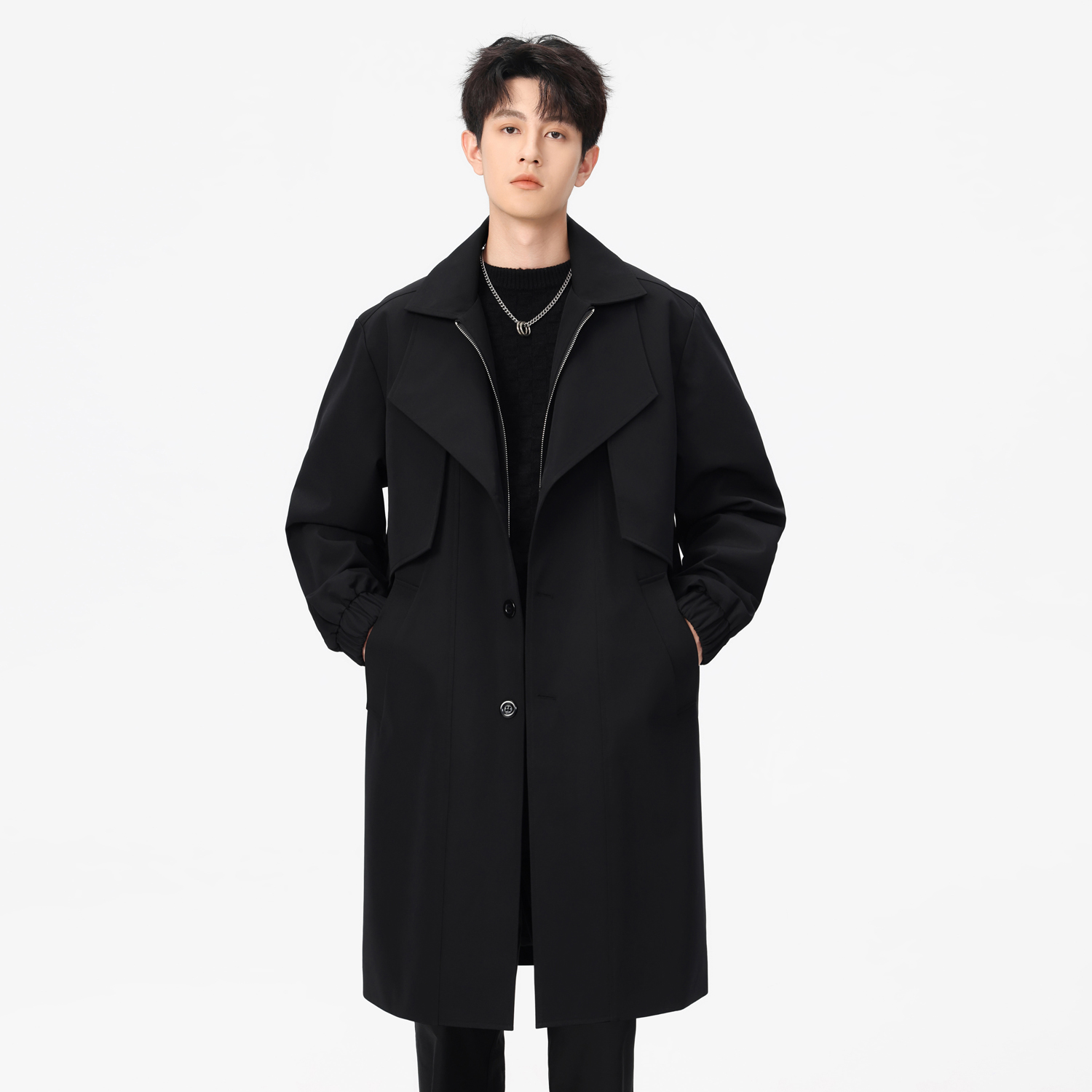 双层领中长款风衣过膝外套假两件