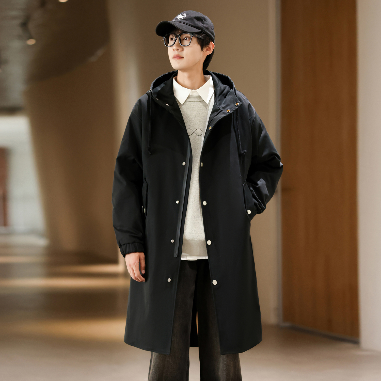 中长款连帽风衣男士外套过膝披风