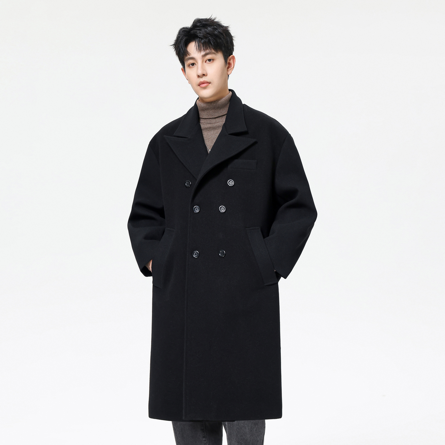 中长款双排扣毛呢大衣男呢料外套