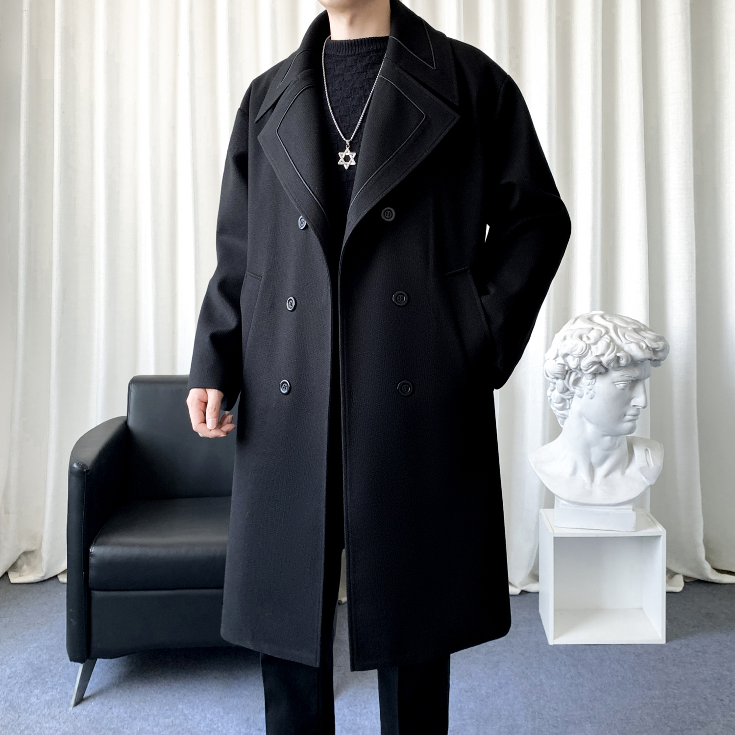 双排扣长款毛呢大衣高档呢子外套