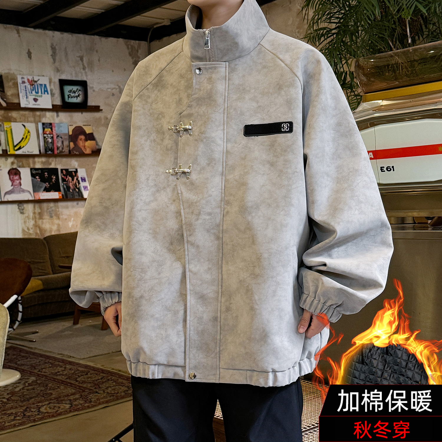 加棉加厚PU皮夹克男立领外套皮衣