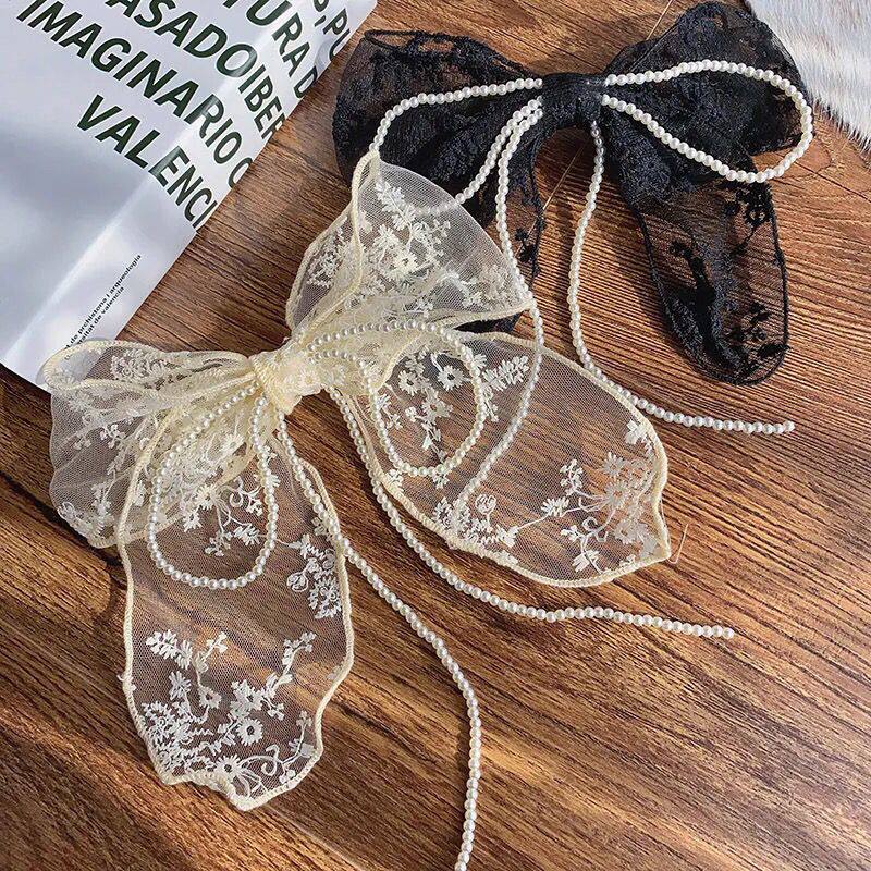 ins网红超仙蕾丝蝴蝶结发夹珍珠流苏顶夹少女复古气质发卡子头饰