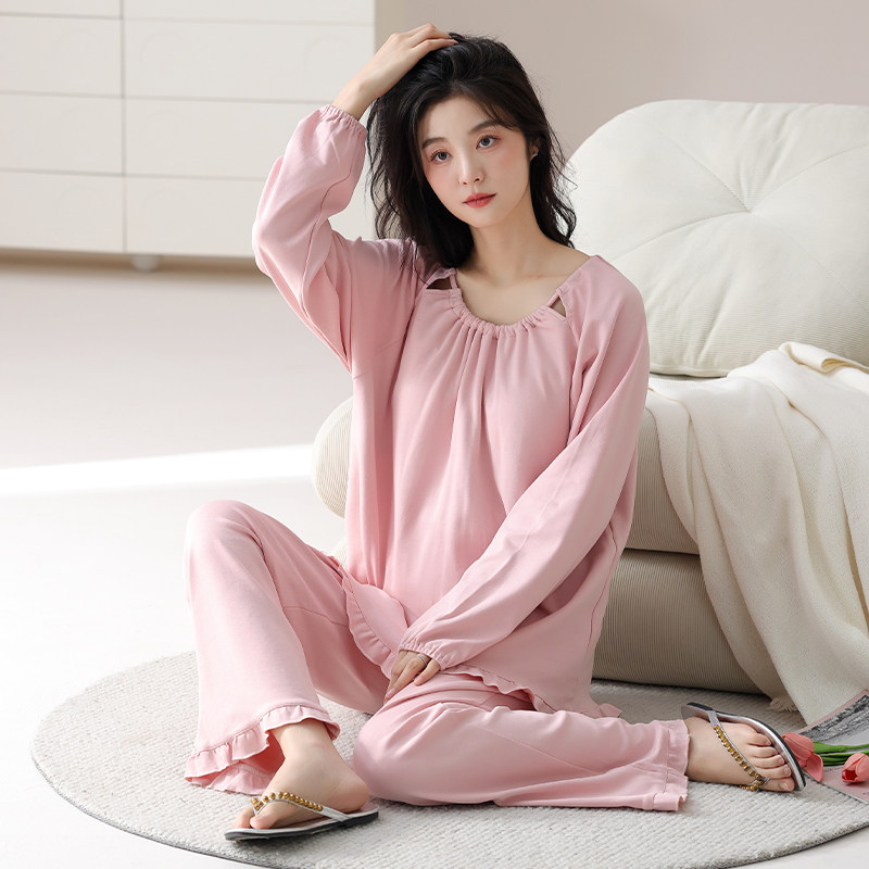 初子尼带胸垫纯棉睡衣女款秋季宽松长袖长裤粉色两件套家居服