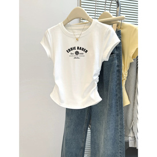 女童宝宝纯棉短袖t恤夏季新款2026洋气时髦儿童修身褶皱短款上衣