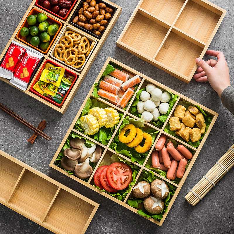新款直销创意竹制九宫格火锅店菜盘分格餐盘托盘烤肉盘子拼盘木盒