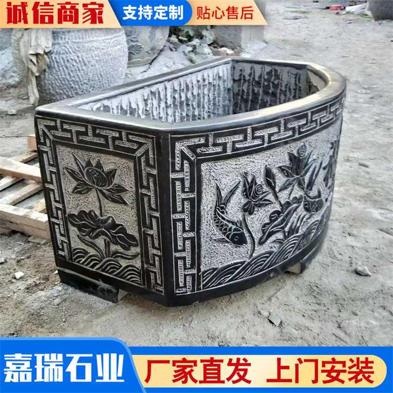 新款直销石雕鱼缸 庭院仿古青石雕刻花盆 石雕青石鱼缸别墅花园石
