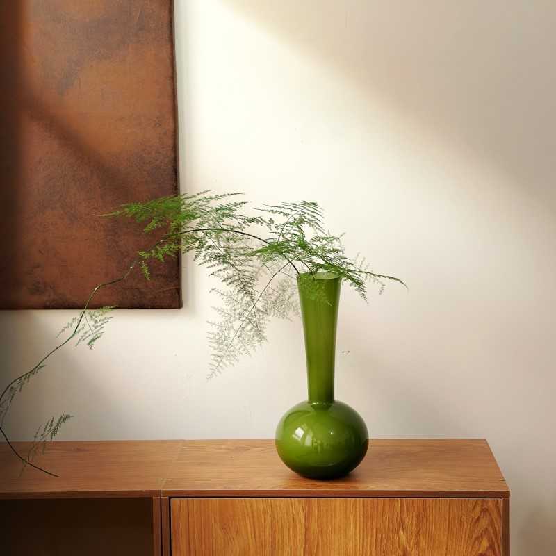 新款直销中古橄榄绿玻璃花瓶高级感客厅装饰摆件蝴蝶兰水培插花器