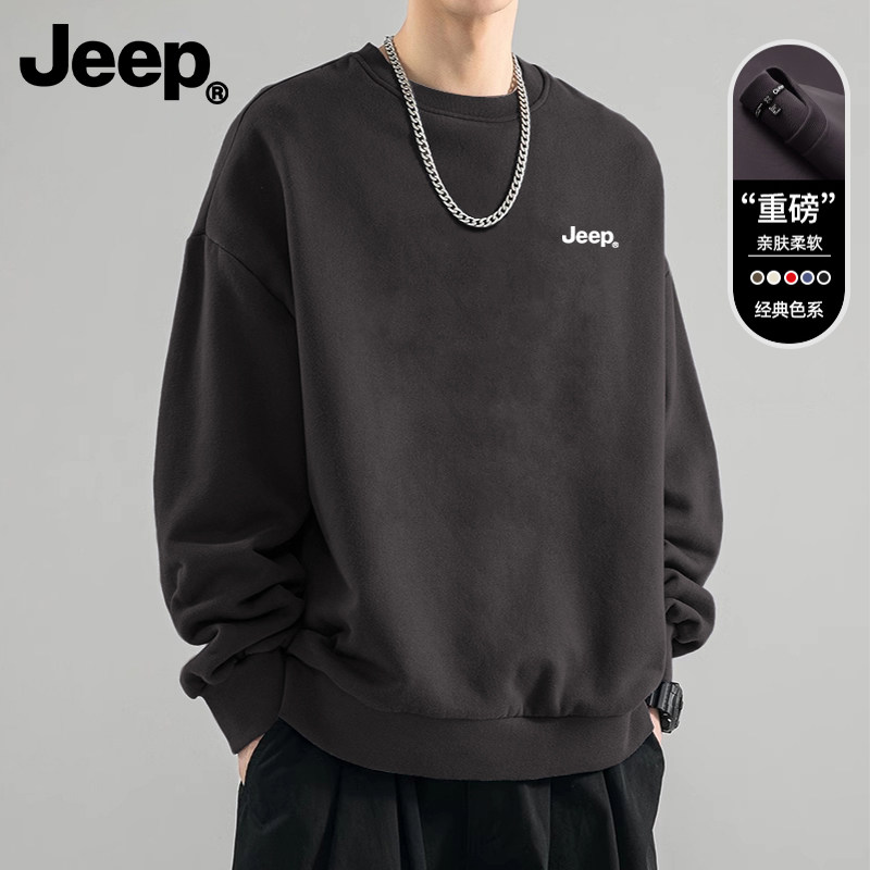 Jeep吉普男女士圆领卫衣美式重磅春秋套头无帽长袖潮牌卡通上衣服